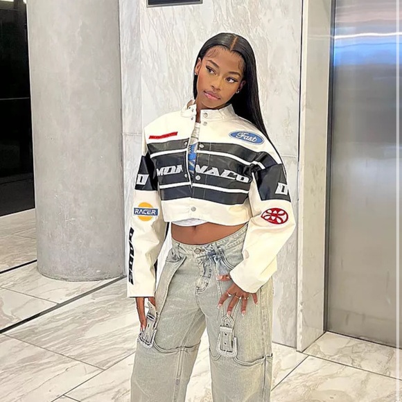 Fashion Nova Jackets & Blazers - Fashion Nova White and Black Cropped Racing Leather Jacket
